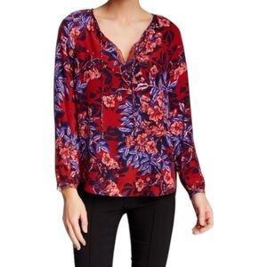 REBECCA TAYLOR Silk Floral Long Sleeve Peasant Top Tie Neck Sz 2 Red Purple